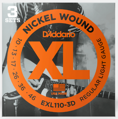 D'Addario Nickel Wound guitar string set packaging with a person playing guitar in the background.