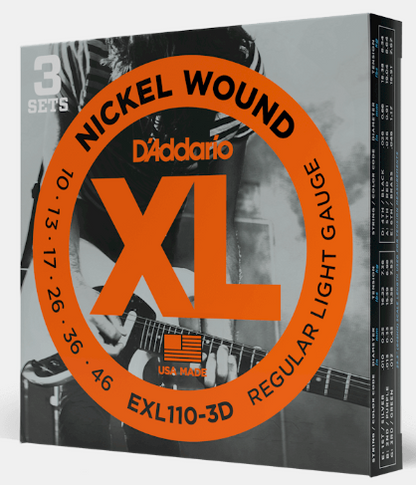 D'Addario XL Nickel Wound guitar string set packaging with a person playing guitar in the background.