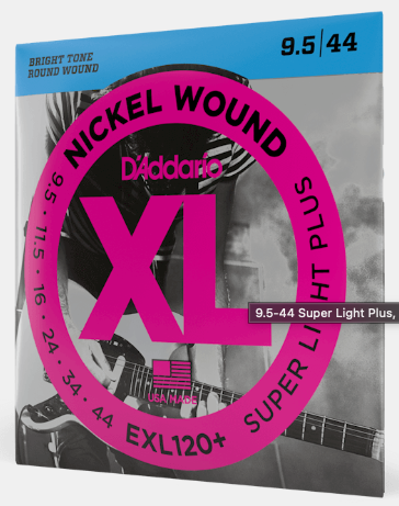 D'Addario XL Nickel Wound guitar string set packaging with pink and blue design.