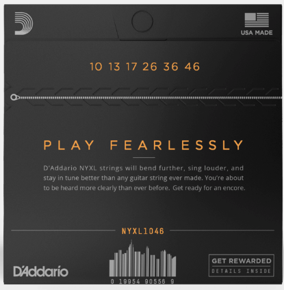 D'Addario guitar string set packaging with tuning information and branding.