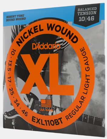 D'Addario nickel wound guitar string set packaging with orange and blue design.