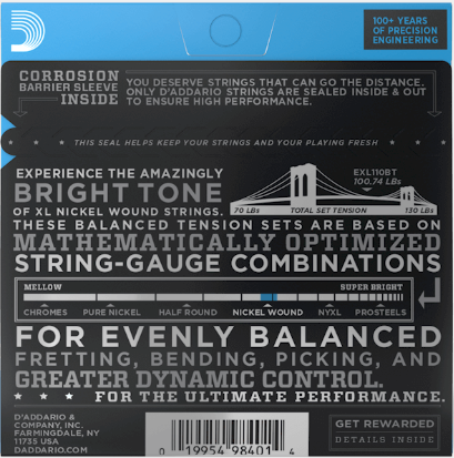 D'Addario XL110BT guitar string set packaging with text and branding