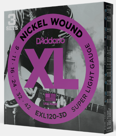 D'Addario Nickel Wound guitar string set packaging with purple and black design.