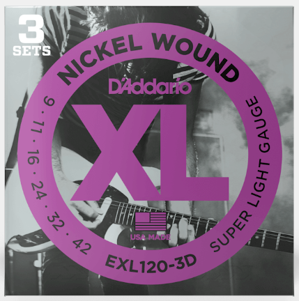 D'Addario nickel wound guitar strings packaging with a blurred background of a person playing guitar.