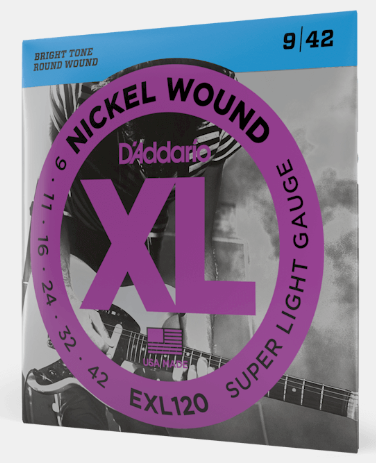 D'Addario nickel wound guitar string set packaging with purple and blue design.