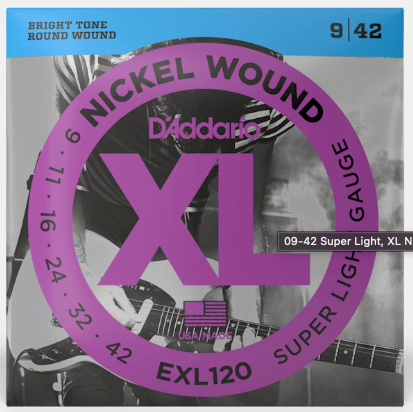 D'Addario EXL120 nickel wound guitar string set packaging with a guitar player in the background.