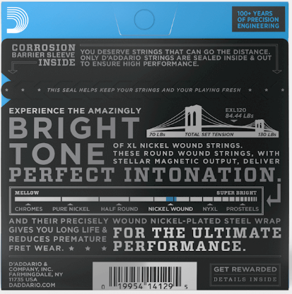 D'Addario guitar string packaging with text and branding