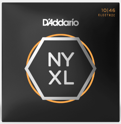 D'Addario NYXL electric guitar string set packaging on a black background