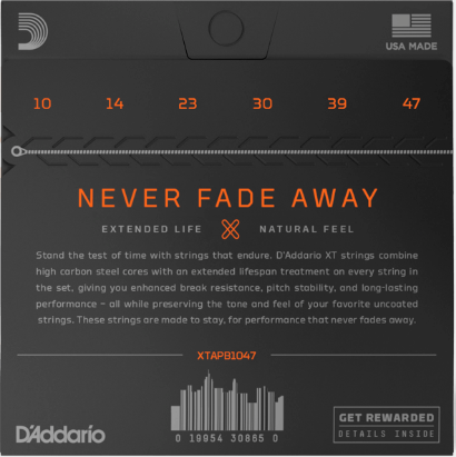 D'Addario XT1047 - Acoustic Guitar string set packaging with product details on a black background