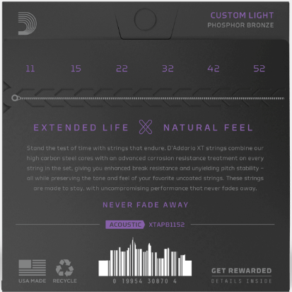 D'Addario XT acoustic guitar string set packaging with specifications and branding.