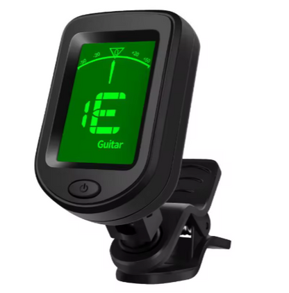 Black guitar tuner with green display on a white background