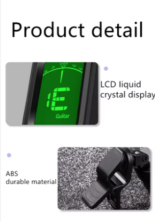 Guitar tuner with LCD display and durable material text on a white background