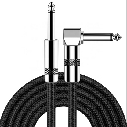 Black TS 6.35mm audio cable with silver connectors one straight and one 90 degrees on a white background