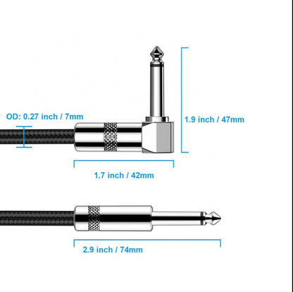 Measurement diagram of a guitar cable connector with dimensions labeled.