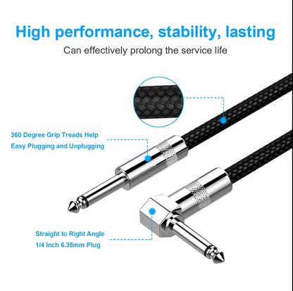 Audio cable with metal connectors and text highlighting features on a white background