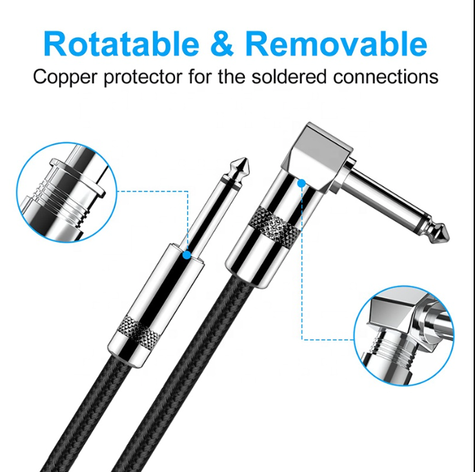 Audio Cable - 6.35mm Straight Male Jack to 90 Degree - Woven (3 Metres)