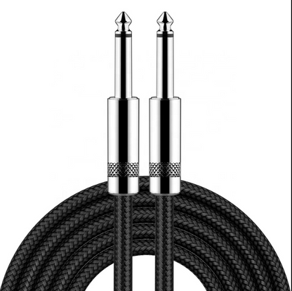 Black audio cable with silver connectors on a white background