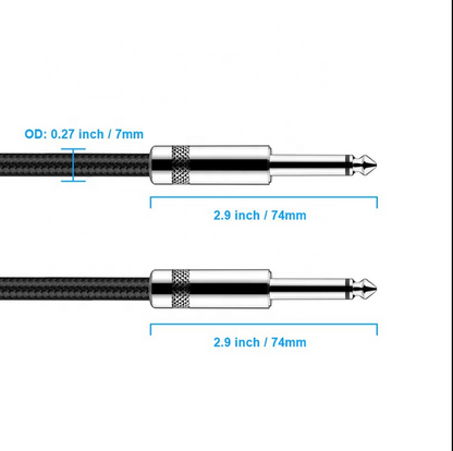 Measurement details of an audio cable with two plug ends on a white background