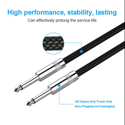 Black audio cable with silver connectors on a white background, featuring text about high performance and stability.