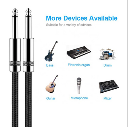 Two audio cables with icons of musical devices they can connect on a white background.