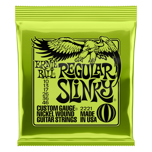 Ernie Ball Regular Slinky guitar string pack on a black background