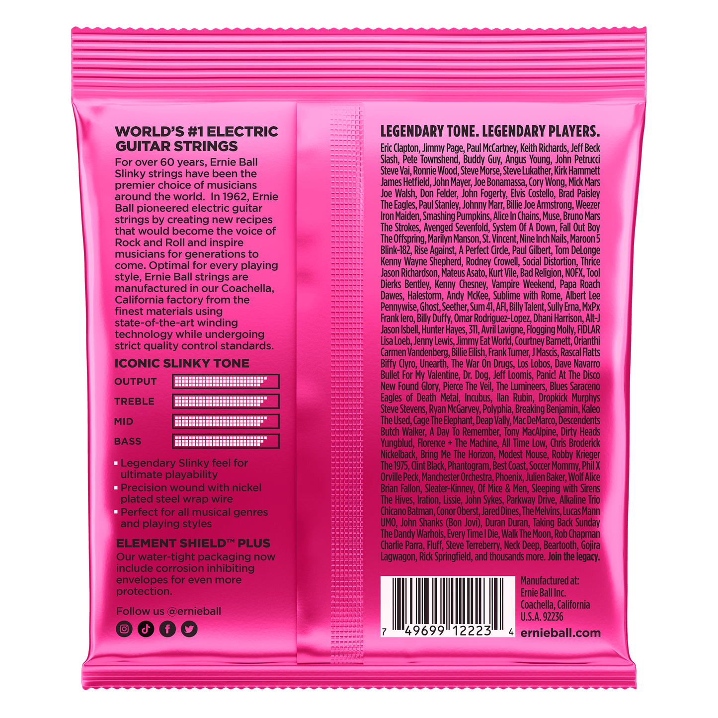 Genuine Ernie Ball - Super Slinky Electric Guitar Strings Package - Pink guitar string packaging with text on a black background