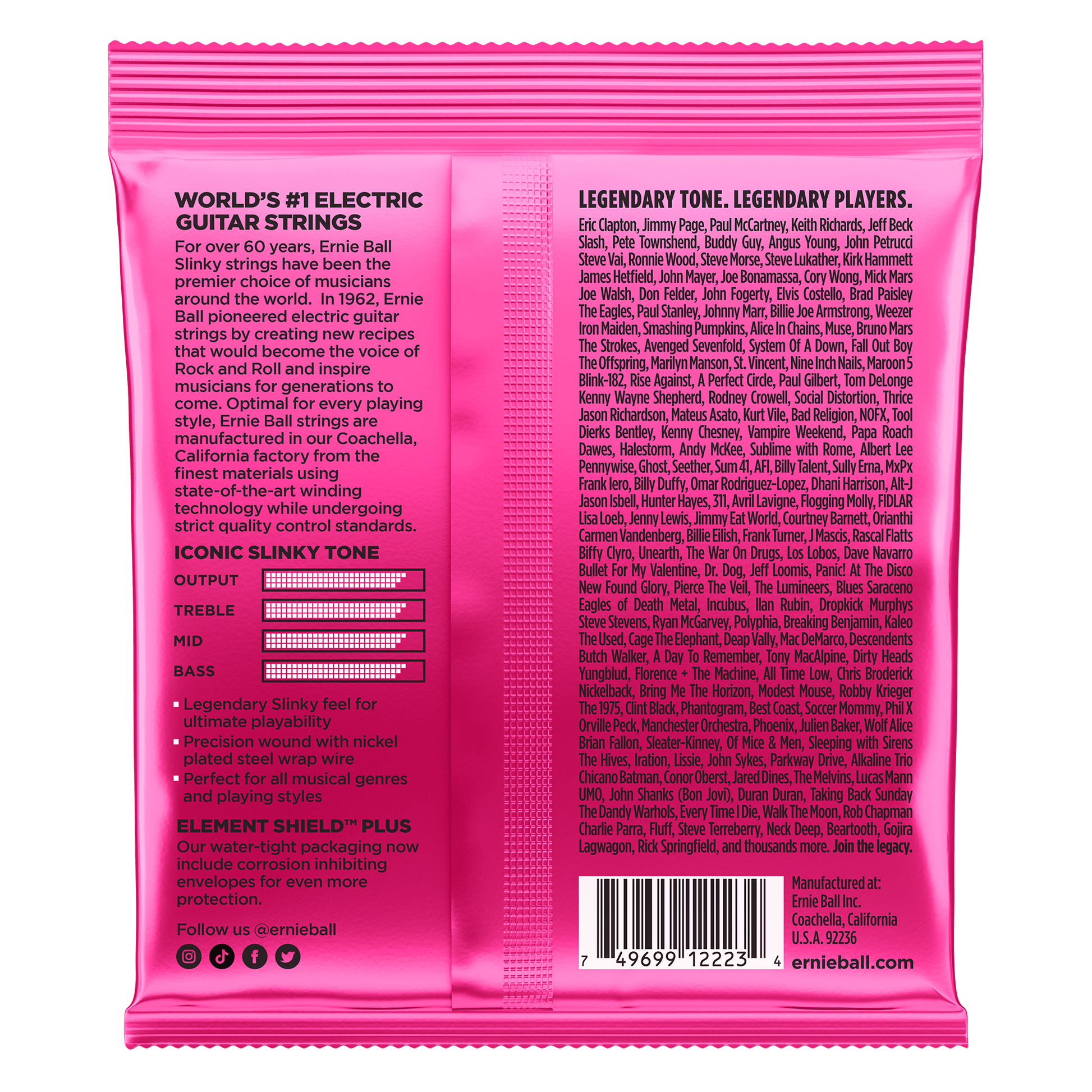 Genuine Ernie Ball - Super Slinky Electric Guitar Strings Package - Pink guitar string packaging with text on a black background