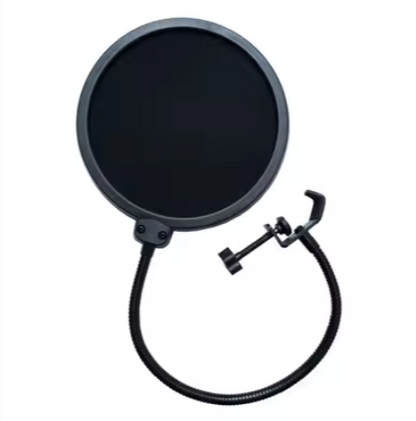 Black pop filter with a stand connection on a white background