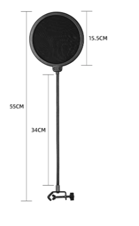 Black pop filter with dimensions on a white background