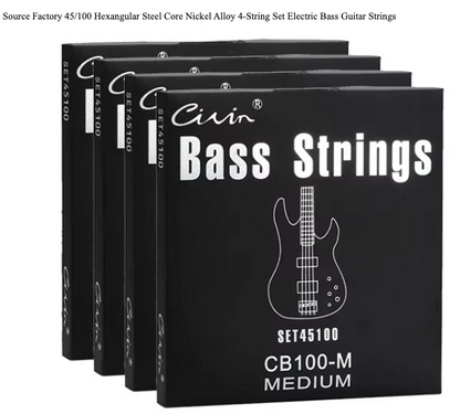 Four packages of Civin 4 Set bass strings with a white guitar illustration on a black background.