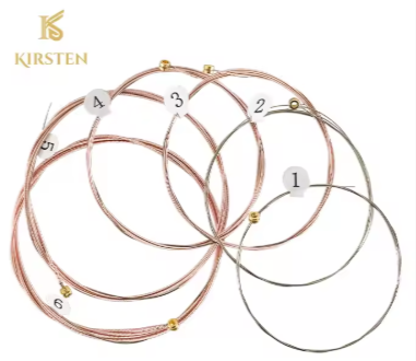 Set of guitar strings with numbering on a white background, branded 'Kirsten'.