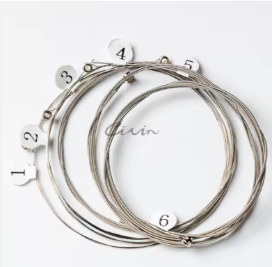 Set of guitar strings with numbered tags on a white background