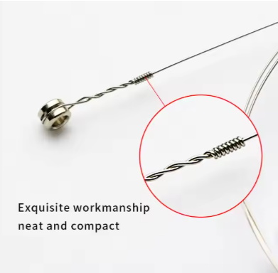Close-up of a metal coil guitar string wind  on a white background, highlighting 'Exquisite workmanship neat and compact' text.