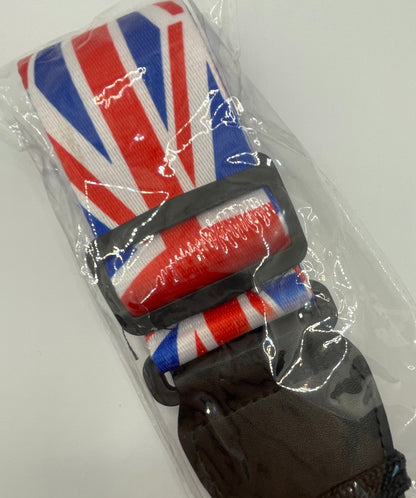 Guitar Strap with Union Jack design in clear packaging on a white background