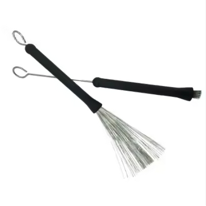 Black and silver retractable drum brushes on a white background