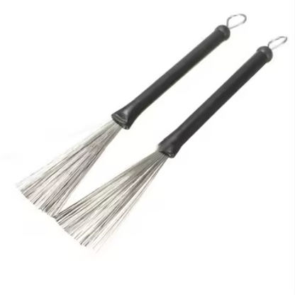Two black-handled retractable metal drum brushes on a white background