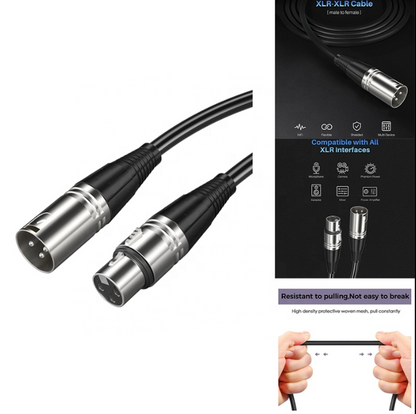 XLR cable with packaging and hands holding the cable on a white background